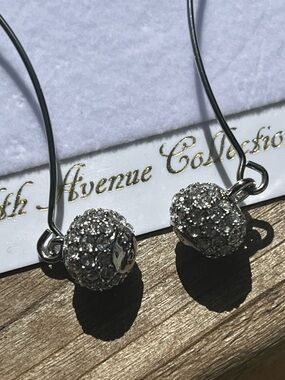NWT Fifth Avenue Collection Silver Crystal Disco Ball Long V-Wire Drop Earrings